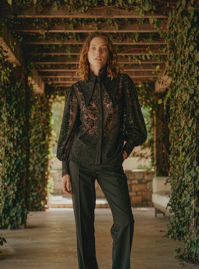Hera Lace Blouse — Onyx, modelled outdoors